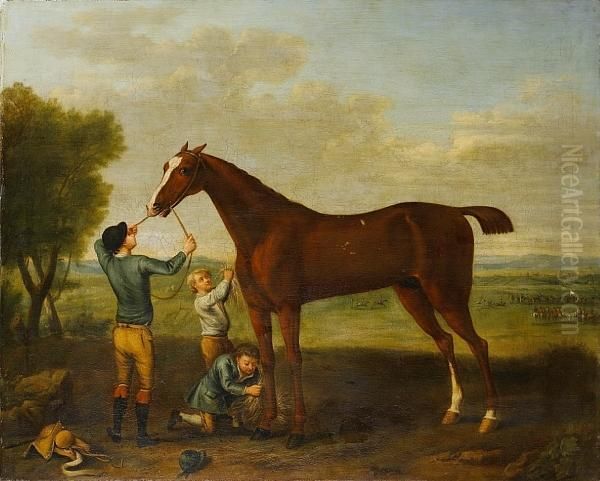 Lord Essex's Smiling Ball Held 
By His Jockey,being Rubbed Down After His Victory In The Race Depicted 
In Thedistance Oil Painting by John Wootton