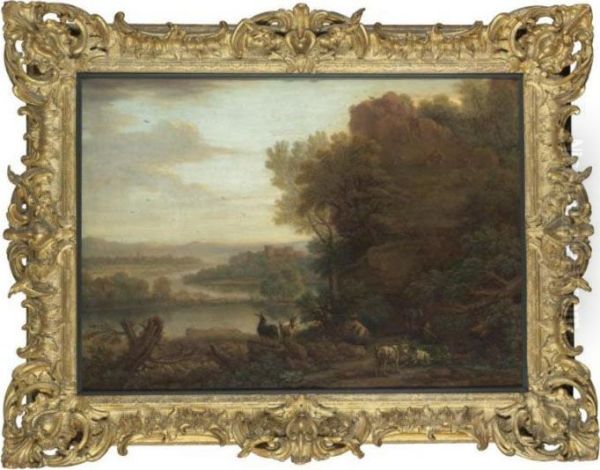 An Arcadian Landscape With Goats A Castle Beyond Oil Painting by John Wootton