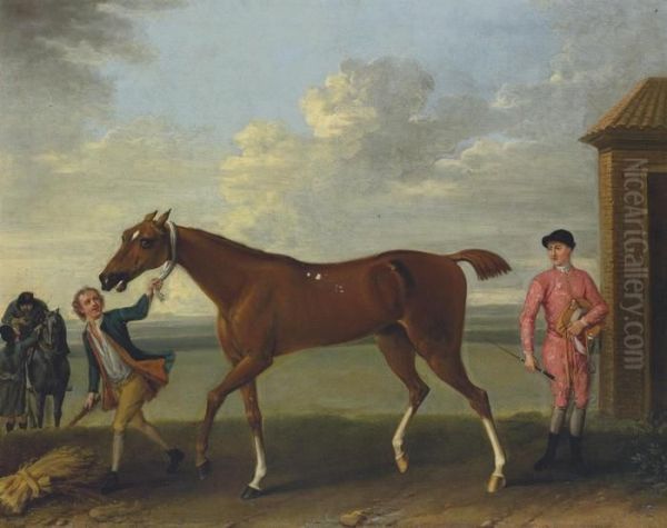 A Chestnut Racehorse Held By A 
Groom, With A Jockey Dismounted, Bythe King's Stables, Newmarket Oil Painting by John Wootton