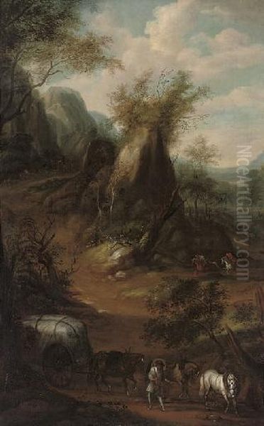 An Extensive Wooded Landscape With Travellers, A Carriage, And Horsemen On A Track Oil Painting by John Wootton