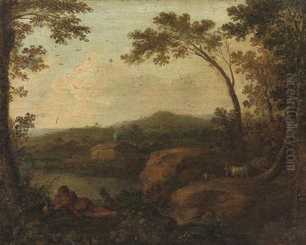 A Classical Wooded River 
Landscape, With A Shepherd At Rest In The Foreground With His Dog, A 
Cottage Beyond Oil Painting by John Wootton