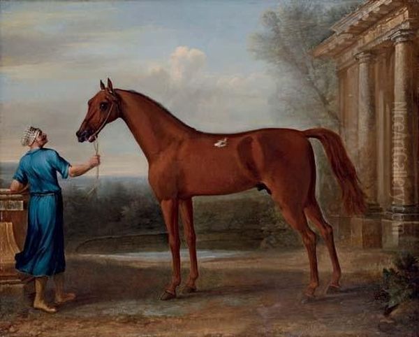 Mr Charles Wilson's Chestnut Arabian, Held By A Groom, Beside A Classical Building Oil Painting by John Wootton