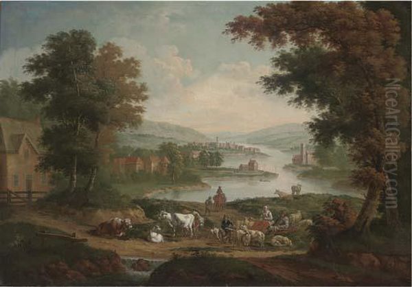 Peasants With Sheep And Cattle In An Extensive River Landscape Oil Painting by John Wootton