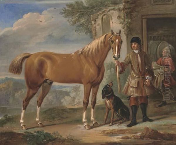 John Shafto Of Bavington Hall, 
And Whitworth Hall, Northumberland,holding A Hunter, In A Landscape With
 A Groom And Stablebeyond Oil Painting by John Wootton