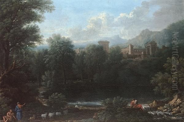 An Arcadian Landscape With 
Classical Figures Beside A Lake In The Foreground, A Roman Town On The 
Hills Beyond Oil Painting by John Wootton