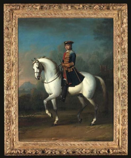 Equestrian Portrait 
Traditionally Identified As Ferdinand Albrecht,later Duke Of Brunswick, 
Full-length, In A Blue Coat, In Alandscape With A Castle Beyond Oil Painting by John Wootton