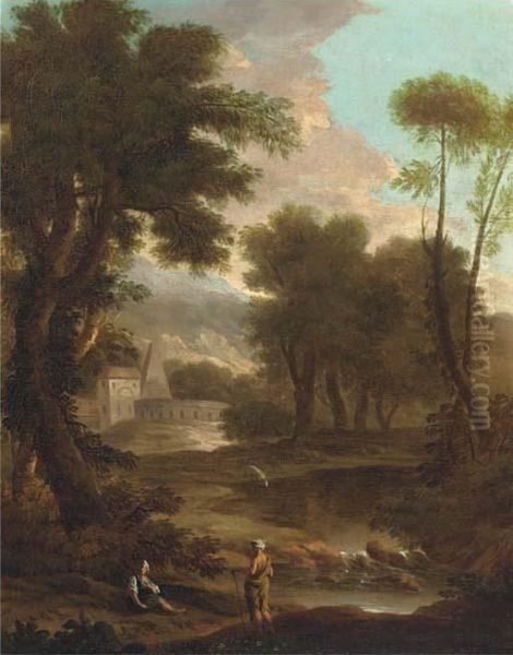 A Landscape With A Shepherd And Shepherdess By A River, Classicalbuildings Beyond Oil Painting by John Wootton