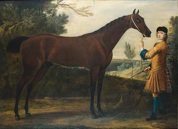 The 3rd Duke Of Devonshire's 
Racehorse, Scamp With A Jockey In Yellow And Blue Livery In A Wooded 
Landscape Oil Painting by John Wootton