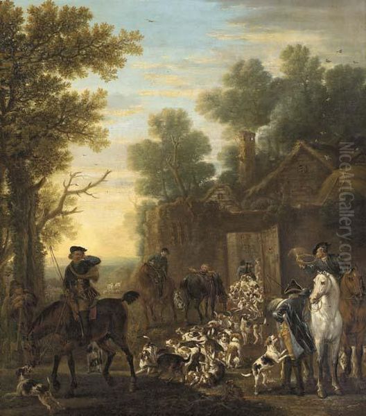 A Hunting Scene Showing The Release Of The Hounds, In A Woodedlandscape Oil Painting by John Wootton