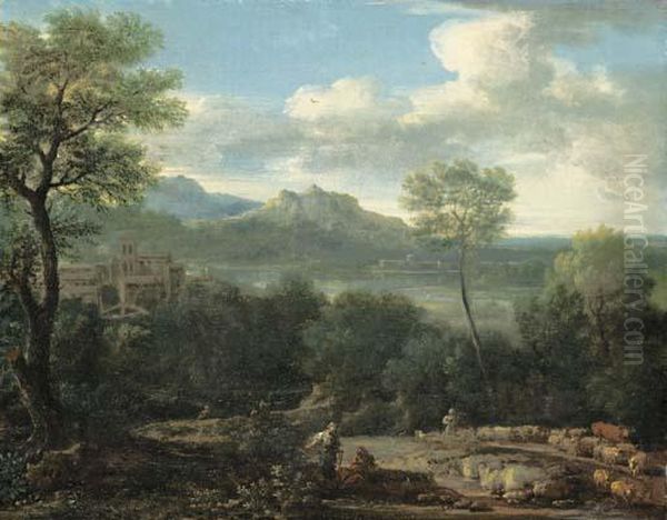 An Italianate Landscape With A 
Shepherd And Shepherdess In The Foreground And A Hilltop Village 
Overlooking A Lake And Mountains Beyond Oil Painting by John Wootton