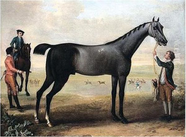 Childers, A Grey Racehorse Held 
By A Groom On Newmarket Heath, Another Racehorse To The Left And A Race 
In Progress Beyond Oil Painting by John Wootton