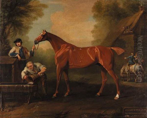 Greville, A Chestnut Thoroughbred Held By A Groom, With Otherfigures By A Barn Oil Painting by John Wootton