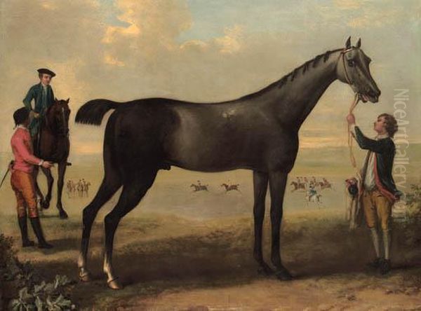 Childers, A Dark Bay Racehorse 
Held By A Groom, With A Horse Andrider And Jockey Beside Him, In An 
Extensive Landscape. Oil Painting by John Wootton