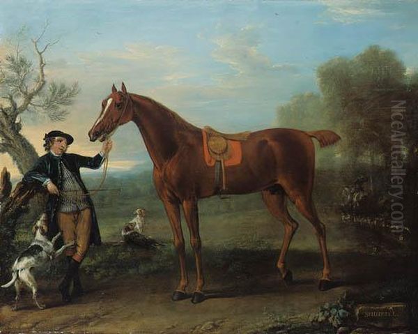 Squirrel, A Thoroughbred 
Chestnut Hunter Held By A Groom, In Anextensive Wooded Landscape Oil Painting by John Wootton