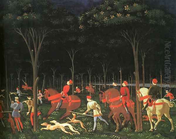 The Hunt in the Forest (right half) 1460s Oil Painting by Paolo Uccello