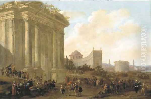 A capriccio of classical architecture in a town with soldiers and oriental merchants Oil Painting by Jacob Van Der Ulft