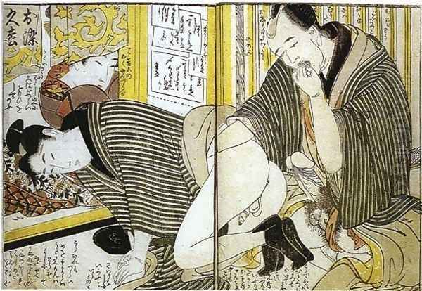 Client Lubricating a Prostitute Oil Painting by Kitagawa Utamaro