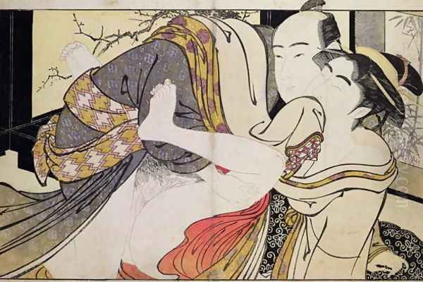 Lovers from the Poem of the Pillow Oil Painting by Kitagawa Utamaro