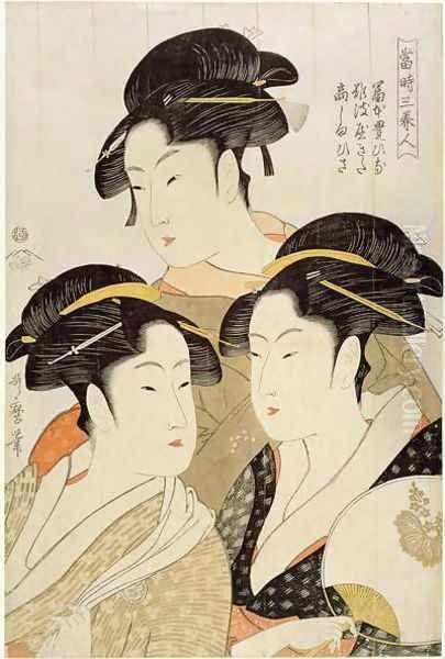 Three Beauties of the Present Day, Edo Period, Japan, c.1793, Oil Painting by Kitagawa Utamaro