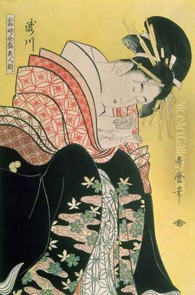 Takigawa from the Tea-House, Ogi Oil Painting by Kitagawa Utamaro