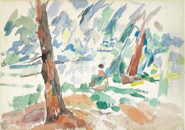 Deux Sapins (femme En Rouge Dans La Foret,ca 1914) Oil Painting by Rik Wouters