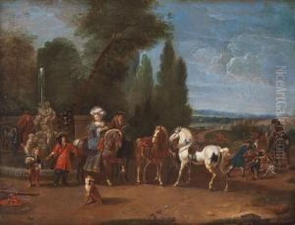 Elegante Rastende Jagdgesellschaft Zu Pferde Oil Painting by Pieter Wouwermans or Wouwerman