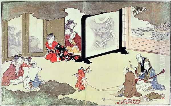 A monkey trainer performing at a noblemans house, c.1788 Oil Painting by Kitagawa Utamaro