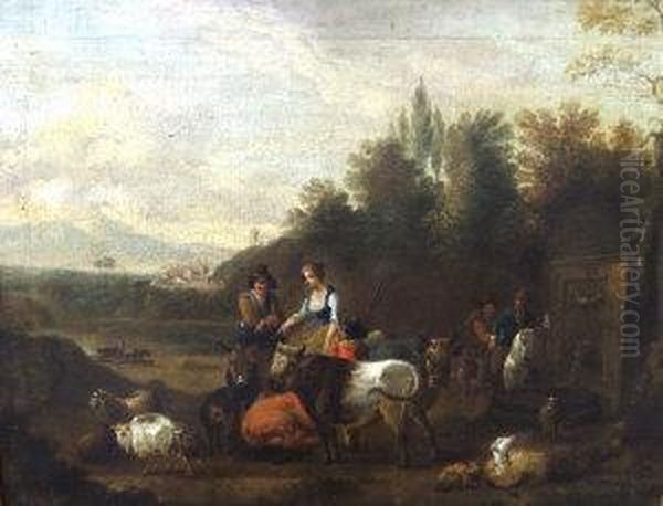 Shepherdess And Cow Herders Oil Painting by Pieter Wouwermans or Wouwerman