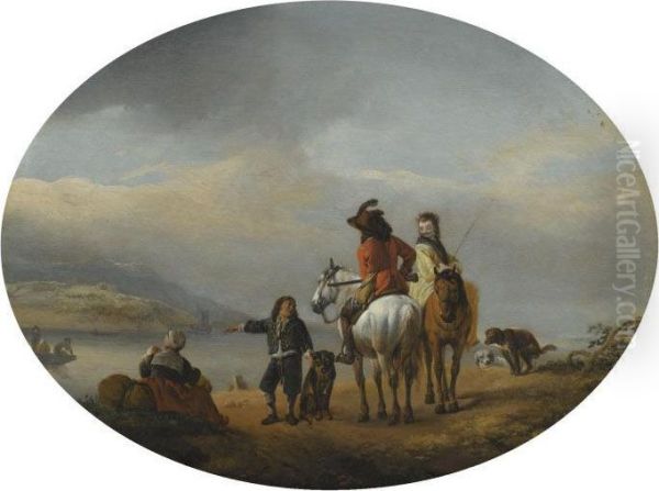 A Lady And A Gentleman On Horseback Being Shown To An Approaching Ferry By A Young Page Oil Painting by Pieter Wouwermans or Wouwerman