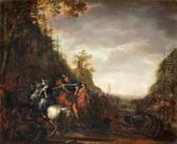 Cavalry Battle Oil Painting by Pieter Wouwermans or Wouwerman