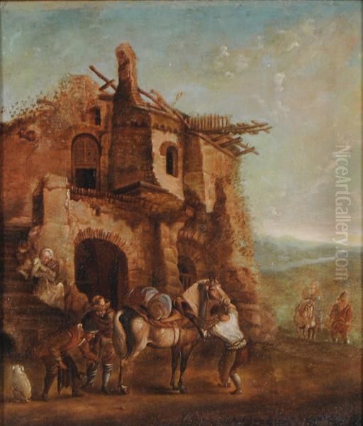 La Sosta Dal Maniscalco Oil Painting by Pieter Wouwermans or Wouwerman