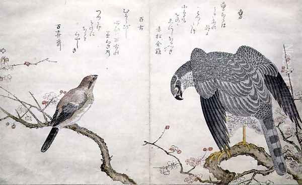 Falcon on the right, a Bull-headed Shrike on the left, from an album Birds compared in Humorous Songs, 1791 Oil Painting by Kitagawa Utamaro