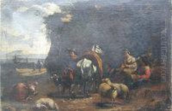 Travellers Resting By Roadside Oil Painting by Pieter Wouwermans or Wouwerman