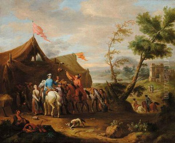 Scena All aperto Raffigurante Accampamento Con Cavalieri Oil Painting by Pieter Wouwermans or Wouwerman