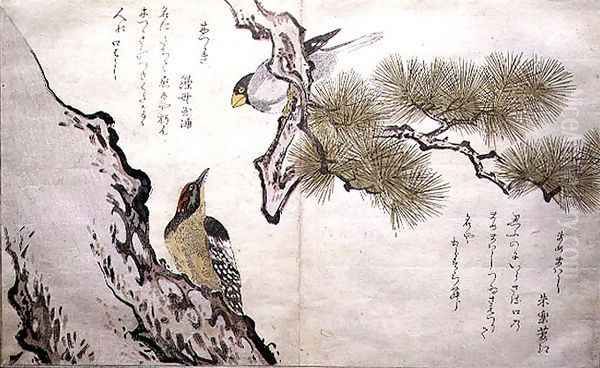 Hawfinch and a Woodpecker, from an album Birds compared in Humorous Songs, 1791 Oil Painting by Kitagawa Utamaro