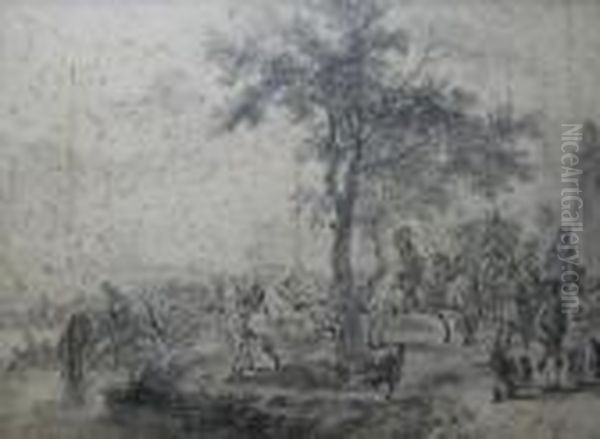 Travellers Resting: A Carriage Party, Horsemen And Other Figures Bya River Oil Painting by Pieter Wouwermans or Wouwerman