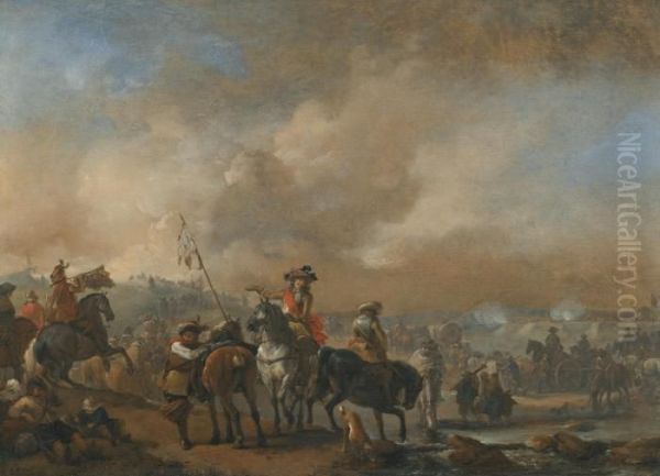 Cavalry On The Move, A Fortification Under Siege Beyond Oil Painting by Pieter Wouwermans or Wouwerman