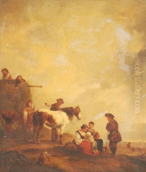 Haymakers In Alandscape Oil Painting by Pieter Wouwermans or Wouwerman