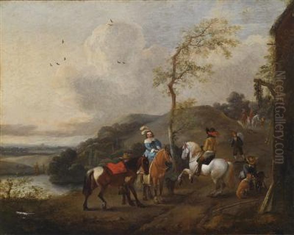 A Landscape With Elegant Horsemen Oil Painting by Pieter Wouwermans or Wouwerman