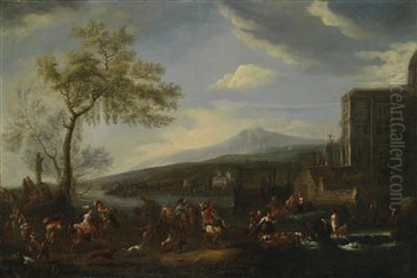 A Southern Landscape With Horsemen Andshepherds Oil Painting by Pieter Wouwermans or Wouwerman