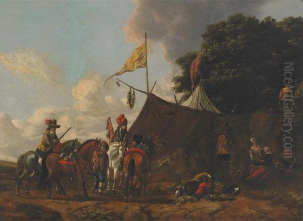 Hunters Resting At An Encampment Oil Painting by Pieter Wouwermans or Wouwerman