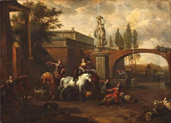 Elegant Gezelschap Bij Een Fontein Oil Painting by Pieter Wouwermans or Wouwerman