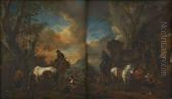 Le Repos Du Cheval Pres De L'ane Oil Painting by Pieter Wouwermans or Wouwerman