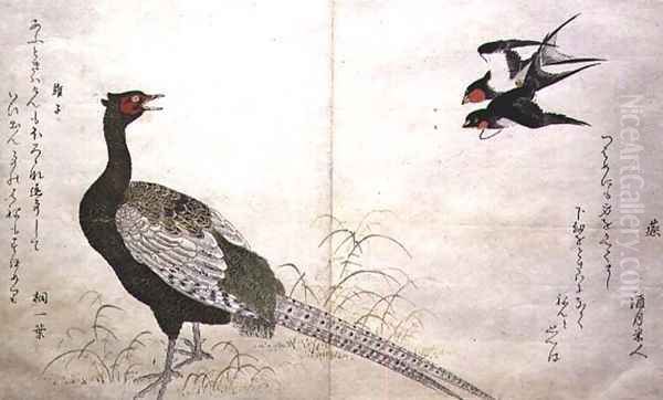 Pair of Chimney Swallows and a Green Pheasant, from an album Birds compared in Humorous Songs, 1791 Oil Painting by Kitagawa Utamaro