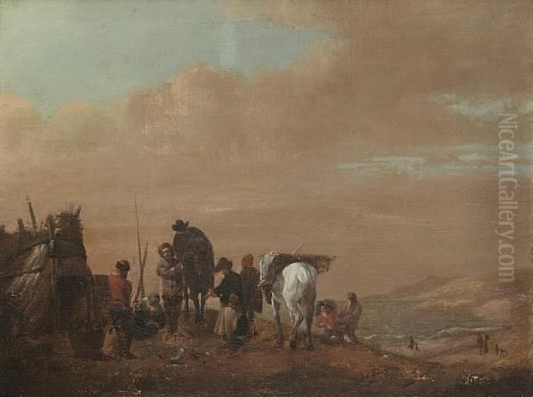 Figures Arriving At An Encampment, A Coastal Landscape Beyond Oil Painting by Pieter Wouwermans or Wouwerman