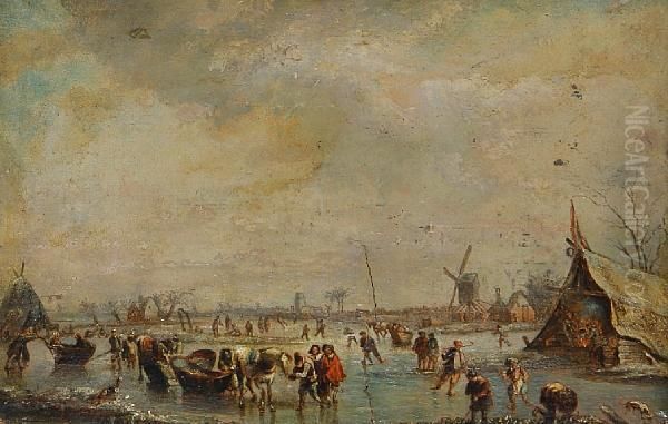 Figures Skating On A Frozen River Oil Painting by Pieter Wouwermans or Wouwerman