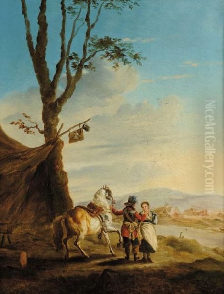 Paesaggio Con Cavaliere E Contadina Oil Painting by Pieter Wouwermans or Wouwerman