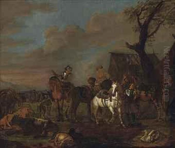 Cavalrymen At Rest Oil Painting by Pieter Wouwermans or Wouwerman