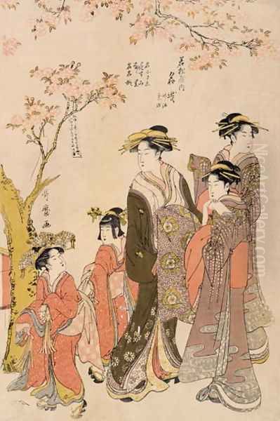 Courtesans strolling beneath cherry trees, c.1789 Oil Painting by Kitagawa Utamaro