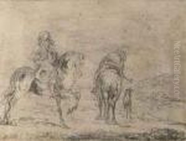 Two Elegant Huntsmen On Their Horses With A Dog Oil Painting by Pieter Wouwermans or Wouwerman